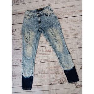 Buzz Jeans Womens 3/4 High Rise Acid Wash Distressed Stretch Blue Denim